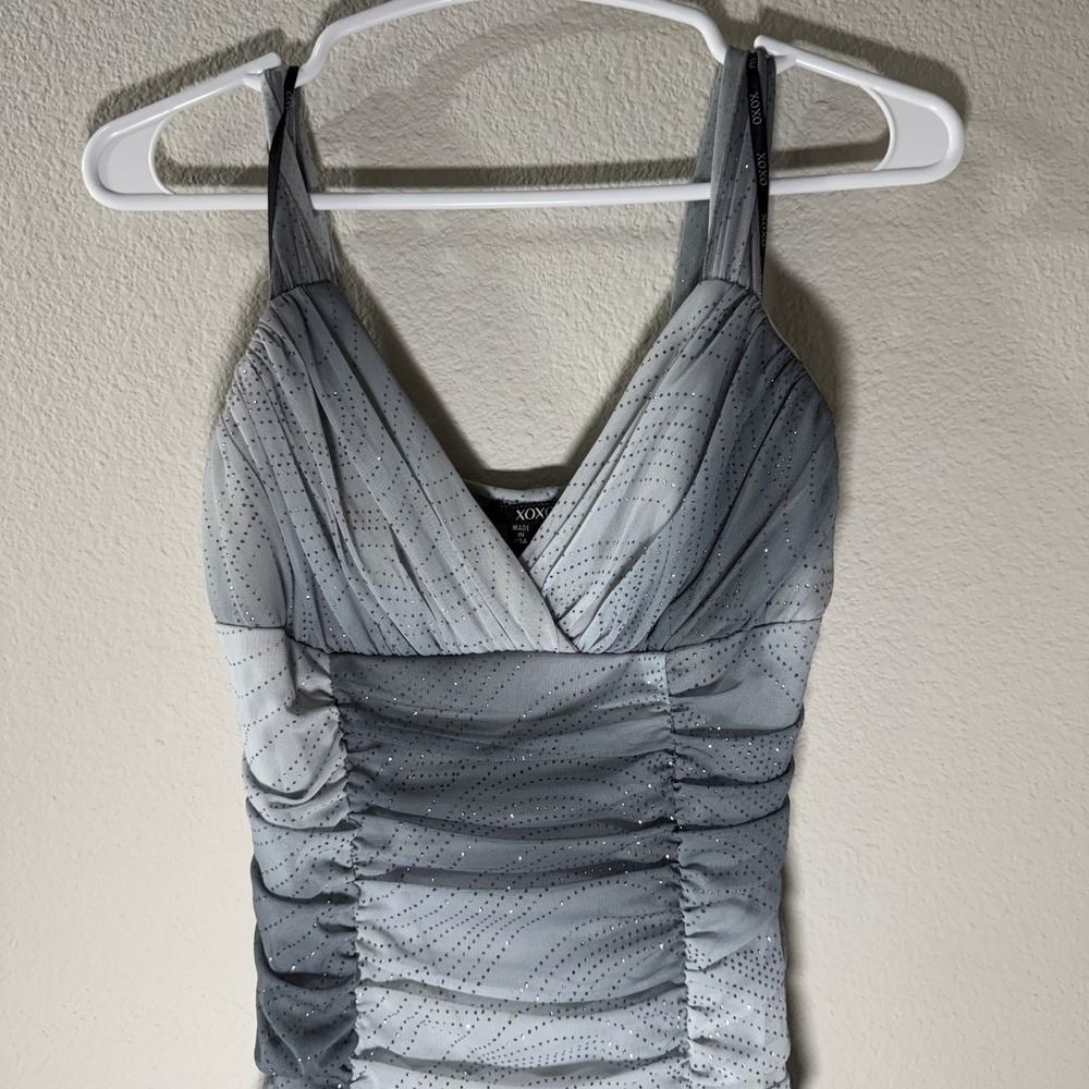 XOXO Y2K Grey Ombre Glitter Ruched Mesh Cocktail Dress Large RUNS SMALL HAS FLAW - Picture 6 of 16